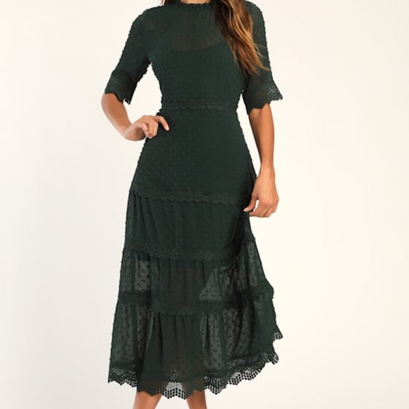Lulus Dreaming Of You Emerald Green Swiss Dot Midi Dress - Size M - Picture 1 of 1
